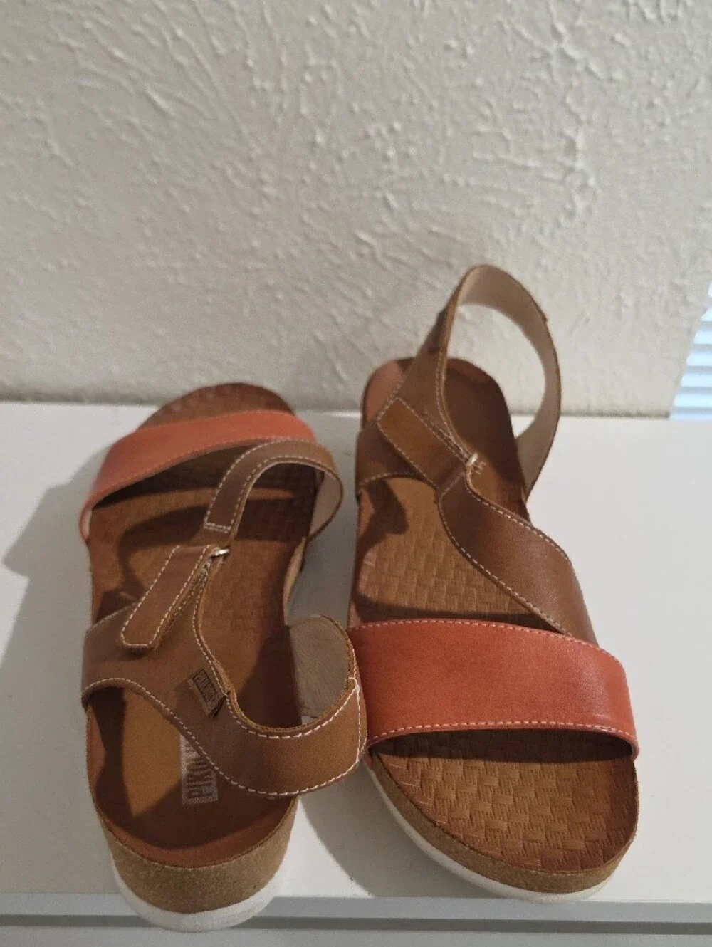 PIKOLINOS Tan and Coral Wedge Sandals